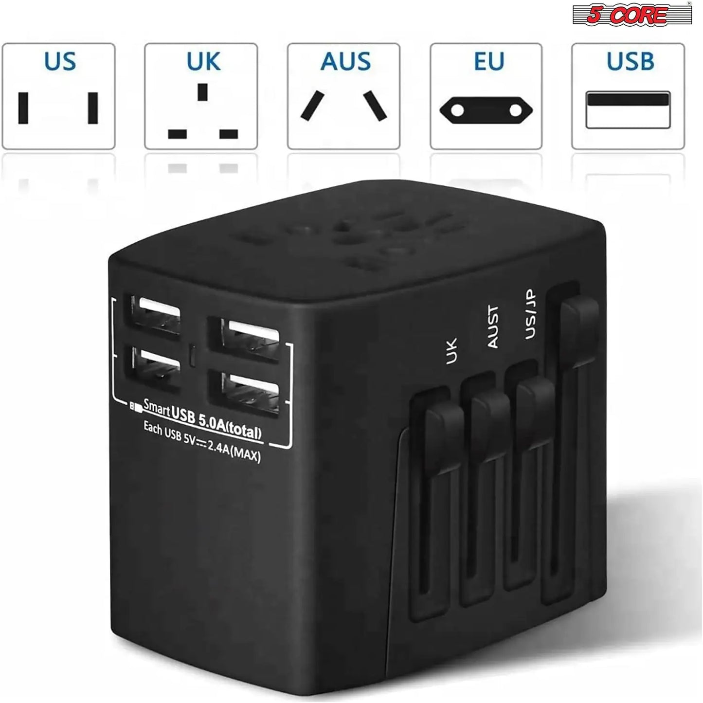 5Core Universal Travel Adapter International Power Adapters 3 Pack Multicharger Plug w 4 USB Ports